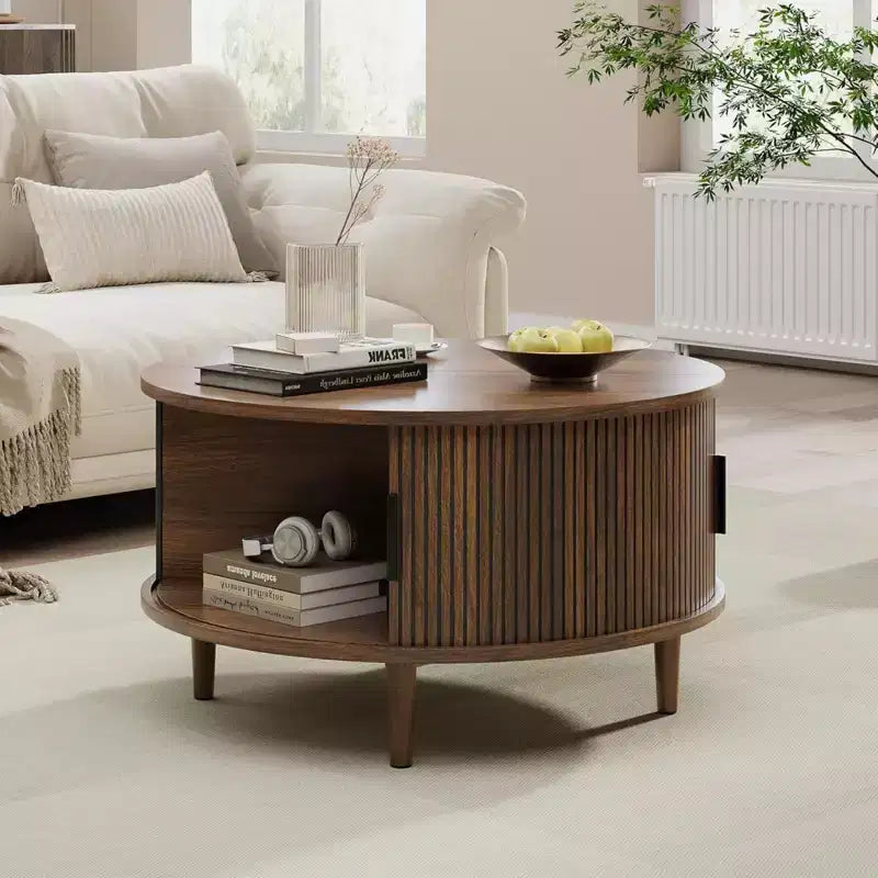 NAYSAYE Round Coffee Table with Storage, 31.5 Fluted Center Table for Living Room, Modern Walnut Wood Circle End Table for Small Space