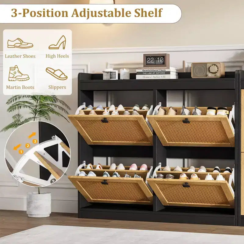 Shoe Storage Cabinet with 4 Flip Drawers, Wood Shoe Cabinet with Rattan Doors and Adjustable Shelves- Freestanding Shoe Organizer