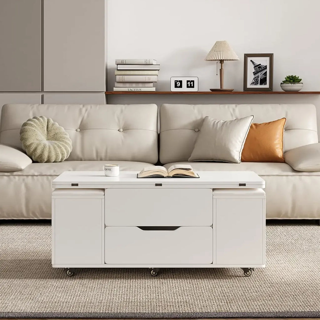 Foldable Lift-Top Coffee Table with 4 Stools & Storage
