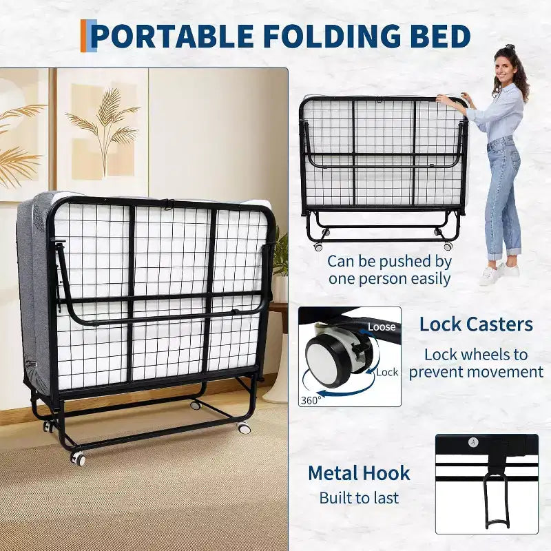 Folding Bed with Mattress for Adults,Portable Rollaway Guest Beds , Foldable Metal Frame Bed with 5 Memory Foam Mattress & Side Storage Pocket