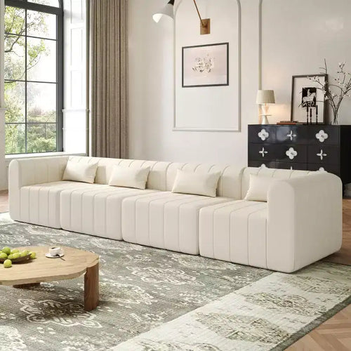 145.5 Modern Convertible Sectional Sofa, Upholstered 4-Seater Sectional Sofa with Compressed Sponge, Living Room L-Shaped Sofa-Panipeachy