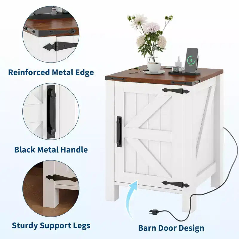 2Pcs Farmhouse Nightstand with Charging Station, Rustic Barn Door Bedside Table with Adjustable Shelf, Small End Table for Bedroom and Living Room
