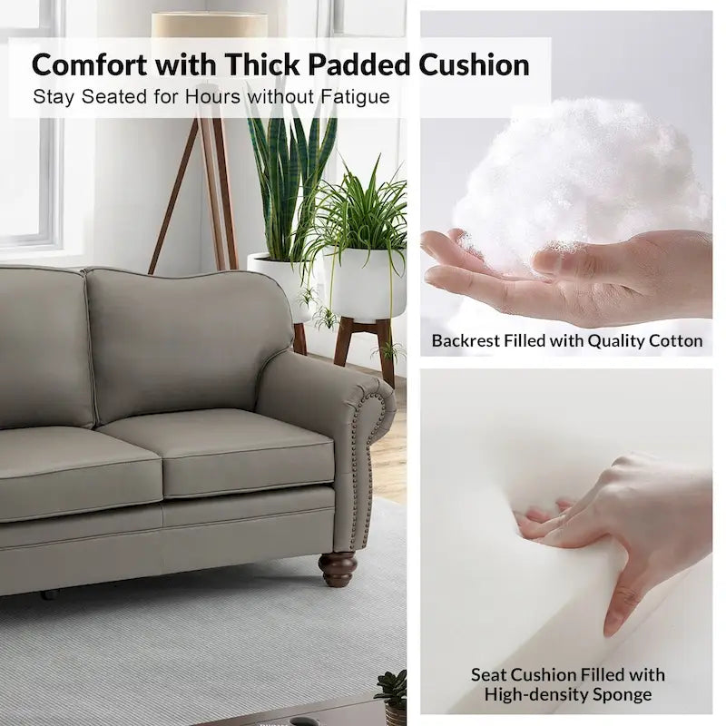 Balvino 81 Wide Transitional Genuine Leather Rolled Arm Sofa with Nailhead Trim and Removable Cushions
