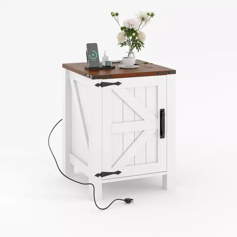 2Pcs Farmhouse Nightstand with Charging Station, Rustic Barn Door Bedside Table with Adjustable Shelf, Small End Table for Bedroom and Living Room