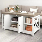 Farmhouse Wood Accent Coffee Table with Large Storage Shelf