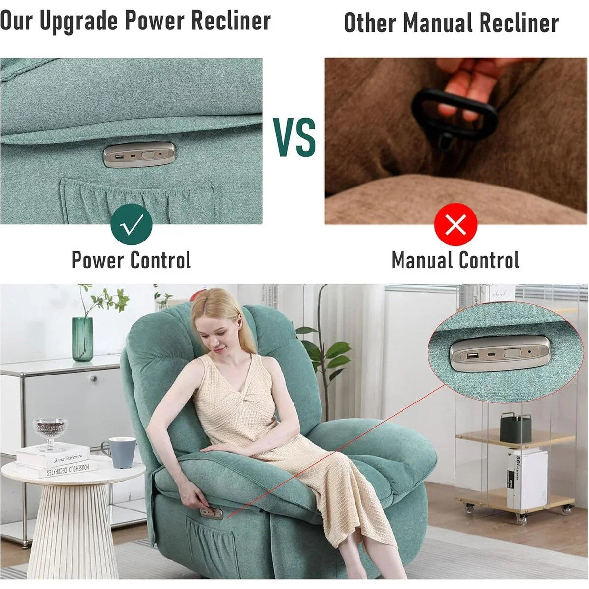 XINMICS Swivel Power Recliner Chair, Massage Rocker Recliners with Heated ,USB, USB-C and Side Pocket