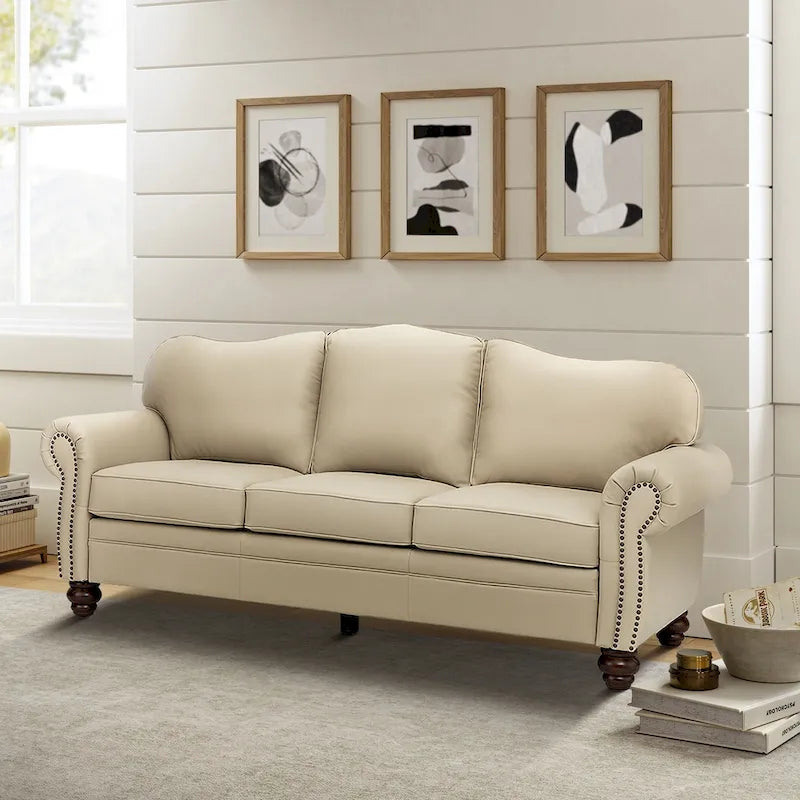 Balvino 81 Wide Transitional Genuine Leather Rolled Arm Sofa with Nailhead Trim and Removable Cushions