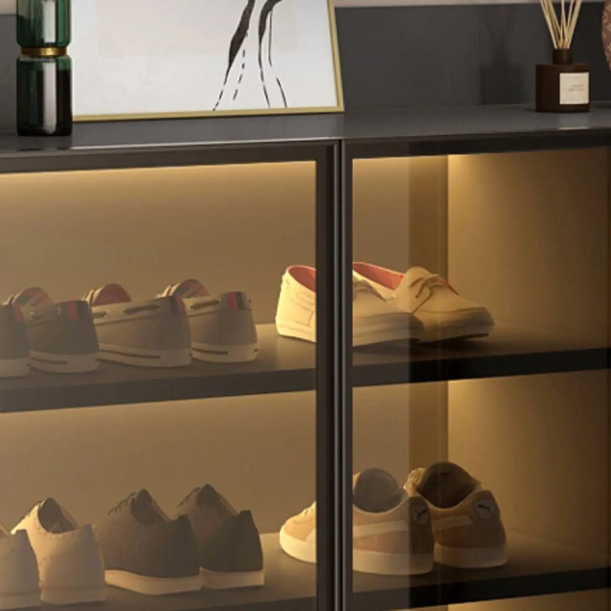 Led-lit Shoe Cabinet with Adjustable Shelves Transparent Doors
