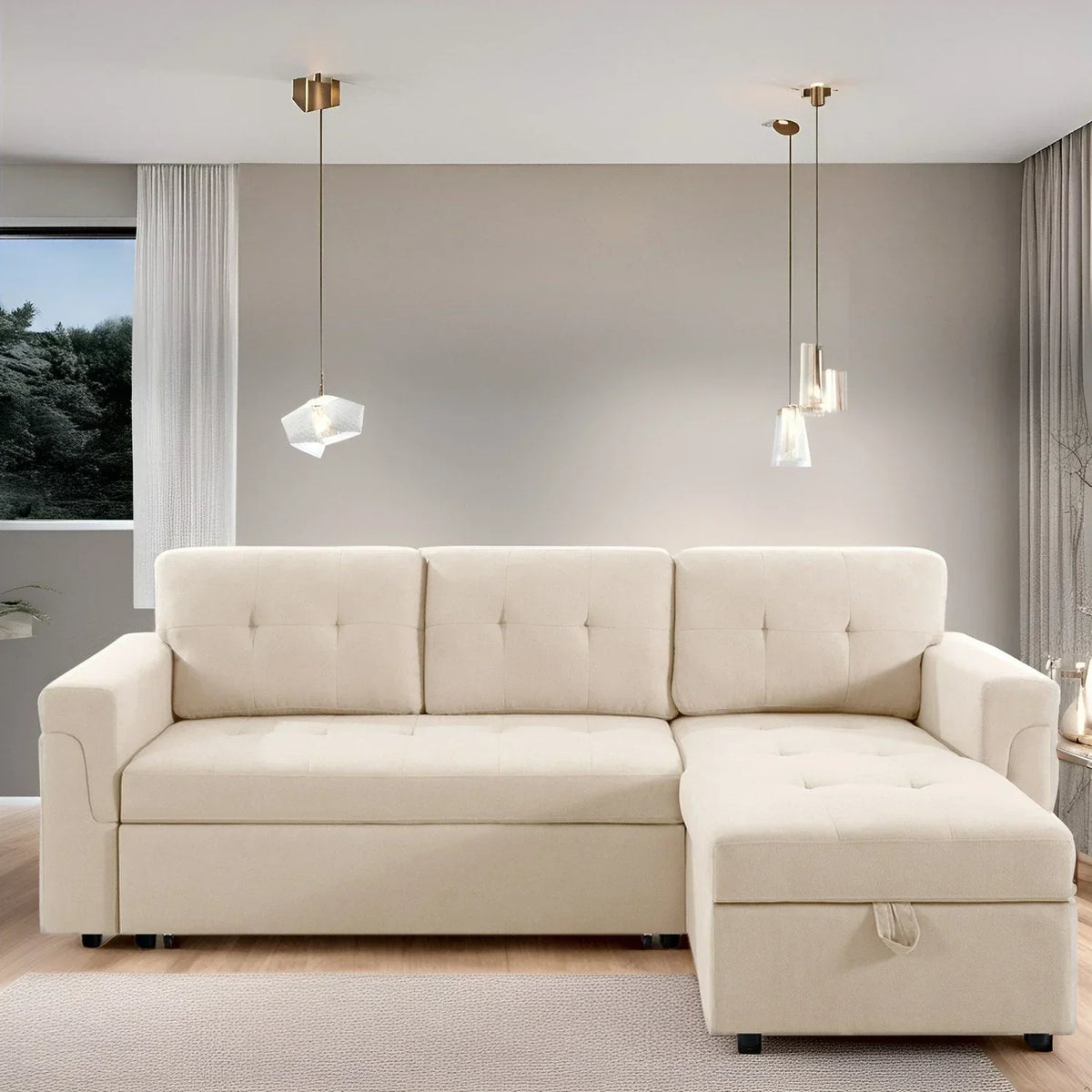 Convertible Reversible Sectional Sofa with Pull-Out Sleeper Bed, Hidden Storage Chaise, and Durable Legs