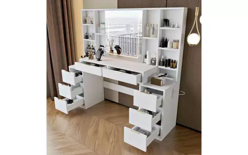 59-Inch Makeup Vanity Desk with Lighted Mirror, 8 Drawers, Open Shelves for Girls Rooms, Dimmable Lighting, Space-Saving Design