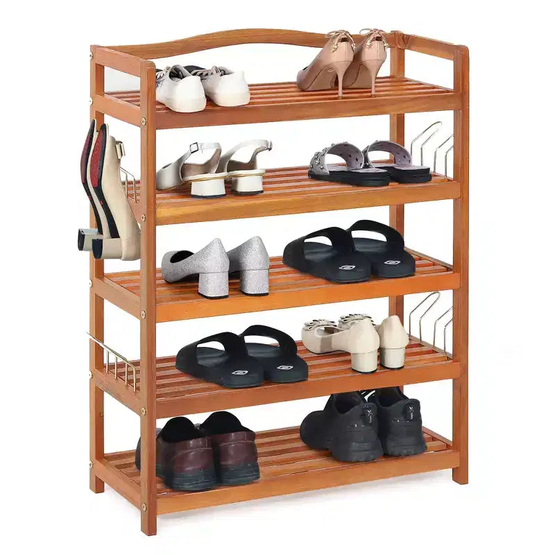 Étagère à chaussures en bois à 5 niveaux, étagère à chaussures en bois d'acacia massif avec crochets latéraux en métal