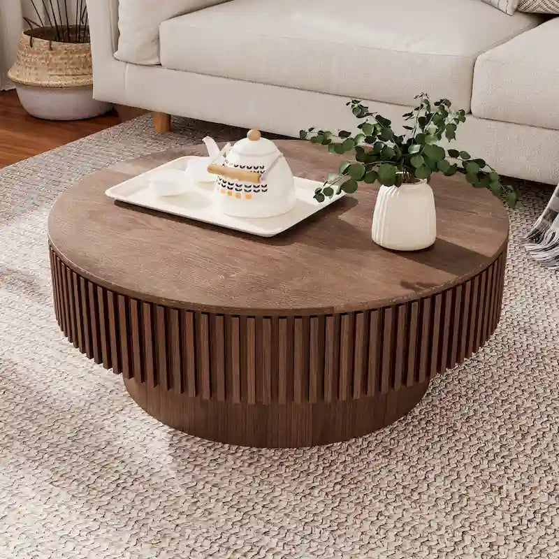 Modern Solid Wood Veneered Round Coffee Tea Table with Storage