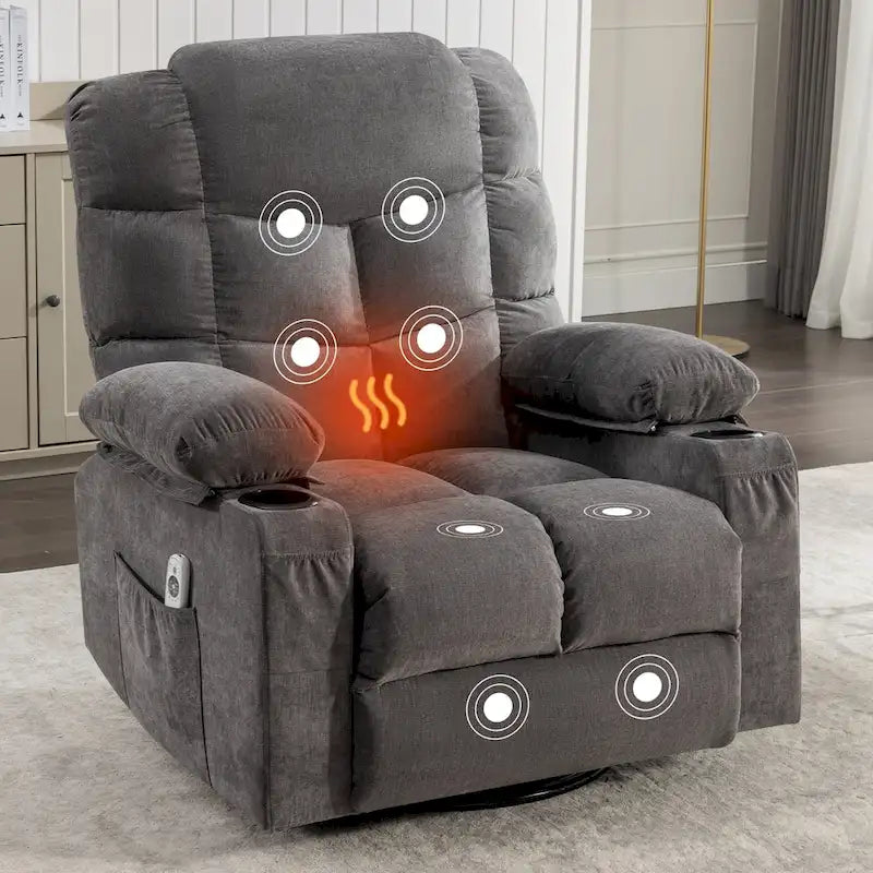 Grey Oversized Recliner with Heat and Massage, 150 Recline, 30 Rocking, USB Charging, and 2 Cup Holders