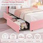 Bed frame with storage headboard, childrens bed frame with 2 drawers, fabric upholstered platform bed, contoured headboard with bookshelf