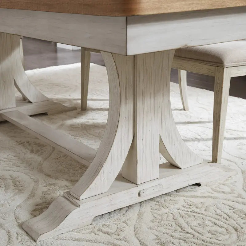 Farmhouse Reimagined Antique White with Chestnut 6 Piece Trestle Table Set