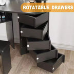Corner Makeup Vanity Desk with Lights, Dressing Table with Power Outlet and Rotating Drawers for Bedroom
