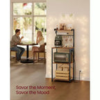VASAGLE Kitchen Bakers Rack with Power Outlet, Coffee Bar 4-Tier with 8 S Hooks, Microwave Stand, Adjustable Shelf