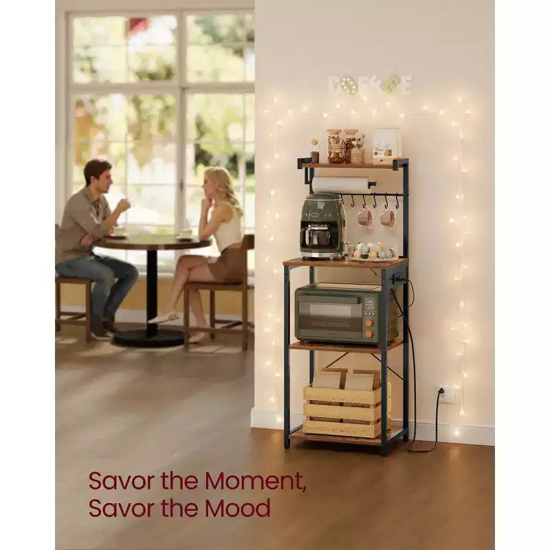 VASAGLE Kitchen Bakers Rack with Power Outlet, Coffee Bar 4-Tier with 8 S Hooks, Microwave Stand, Adjustable Shelf