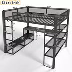 Bellemave Queen Metal Loft Bed with Desk, Storage Shelves & Hanging Rod, Space-Saving Loft Bed Frame with Guardrails & Ladder, No Box Spring, Black