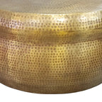 32 Inch Artisanal Round Drum Coffee Table, Hammered Embossed Texturing, Aluminum, Antique Brass