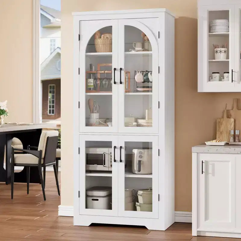 70 Tall Kitchen Pantry Cabinet, Modern Display Cabinet with 4 Arched Glass Doors and Adjustable Shelves, for Kitchen, Living Room, Dining, Bathroom