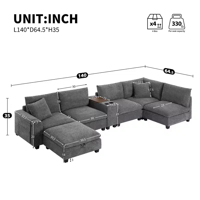 Clihome 140 Oversized Modular Sectional Sofa with Movable Storage Ottoman,Cup Holder,Wide Seat,USB Charger,6 Seat U Shaped Corduroy Couch