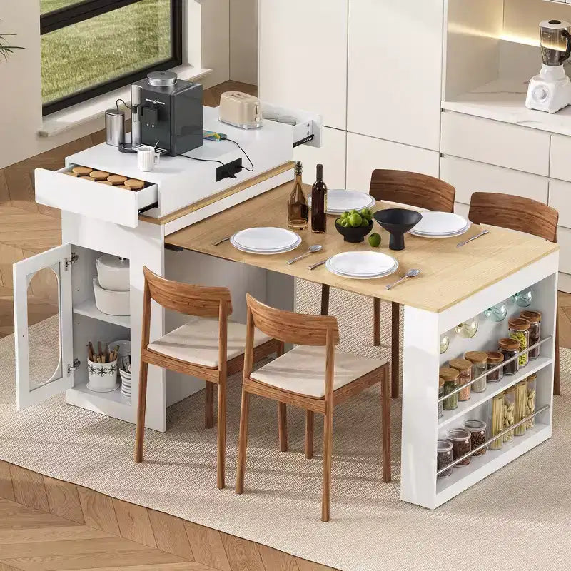 Whisen Extendable Dining Table, Mobile Rolling Island Table with 3 Removable Middle Leaves, Storage Cabinet