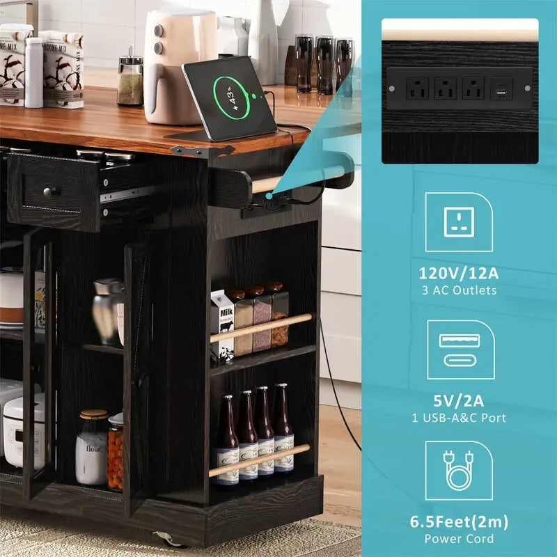 Kitchen Island w/Drop Leaf, 3 Drawers & 5 Open Side Racks, Rolling Kitchen Cart w/ 2 Tempered Glass Cabinet Doors & Power Outlet