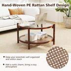 31 Round Coffee Table with Tempered Glass Top & Rattan Shelf