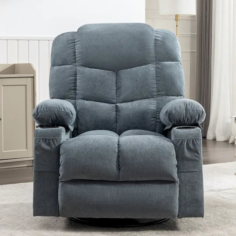 Grey Oversized Recliner with Heat and Massage, 150 Recline, 30 Rocking, USB Charging, and 2 Cup Holders