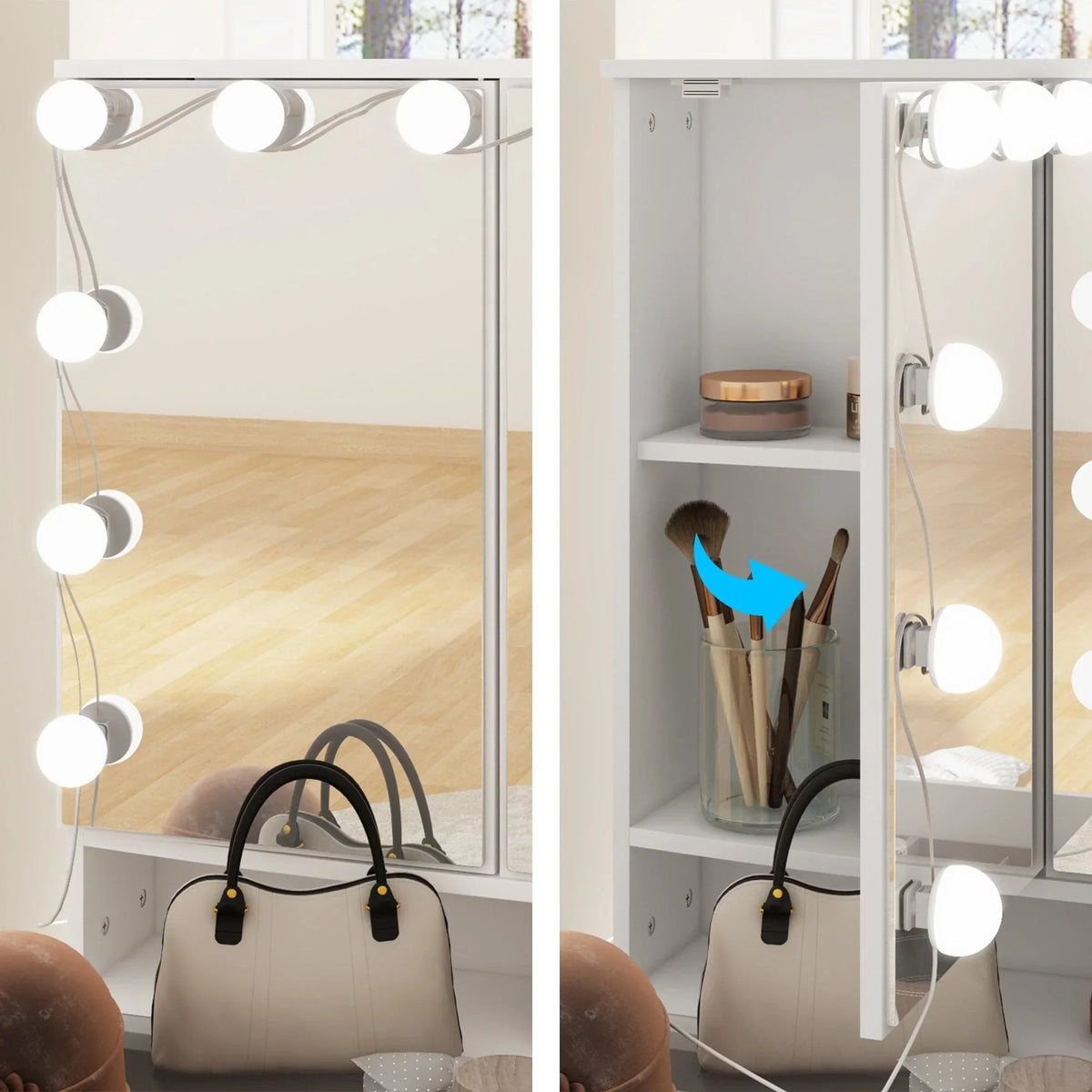 Makeup Vanity w/Tri-Fold Mirror Certified Lighting Glass Top Dresser