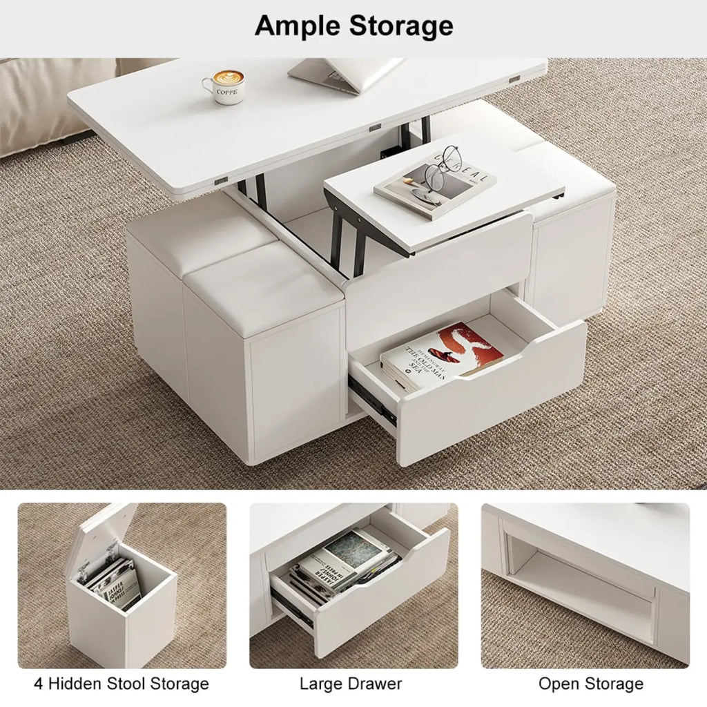 Foldable Lift-Top Coffee Table with 4 Stools & Storage