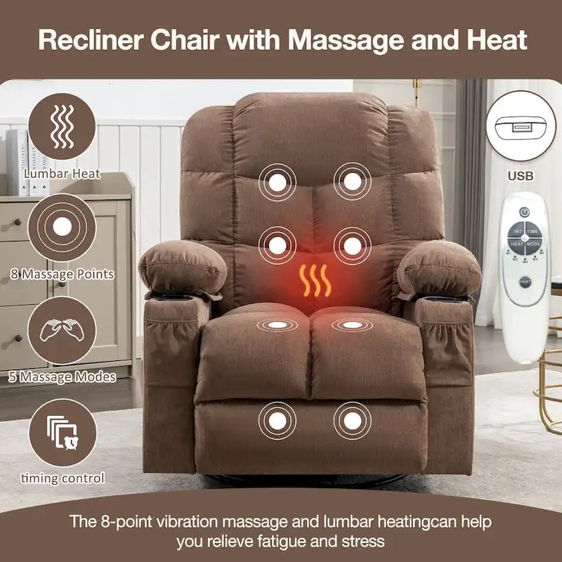 Grey Oversized Recliner with Heat and Massage, 150 Recline, 30 Rocking, USB Charging, and 2 Cup Holders