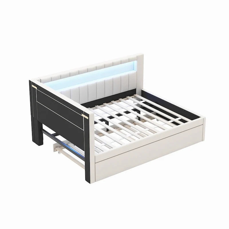 Upholstered Platform Bed with USB Ports & LED Lighting - Full/Twin Size Bed Frame with 2 Storage Drawers - Modern Bedroom