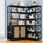 Corner Bookshelf - 6 Tier Corner Book Shelf with Storage, Farmhouse L Shaped Book-Shelf with Cabinet, Modern Industrial Bookcase for Home Office