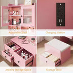 3-in-1 Makeup Vanity Desk with Lighted Mirror, Compact Vanity Table with Drawers, Storage Compartment & Rolling Stool for Bedroom
