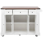Kitchen Island w/Drop Leaf, 3 Drawers & 5 Open Side Racks, Rolling Kitchen Cart w/ 2 Tempered Glass Cabinet Doors & Power Outlet
