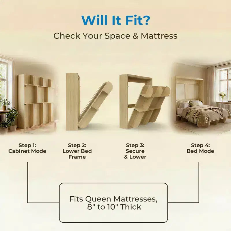 2-in-1 Invisible Murphy Bed with Shelf Storage, Queen Size, Natural Wood (Mattress Not Included)