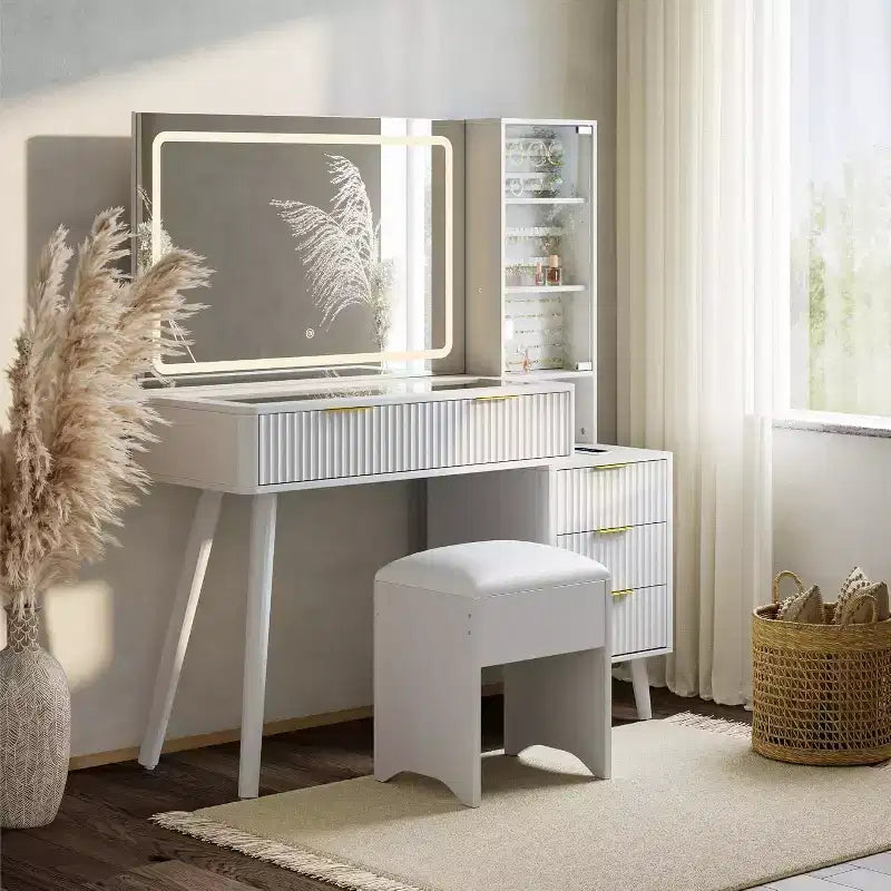 48 Fluted Makeup Vanity Desk with Mirror & LED Lights, Charging Station, Cushioned Storage Stool for Bedroom
