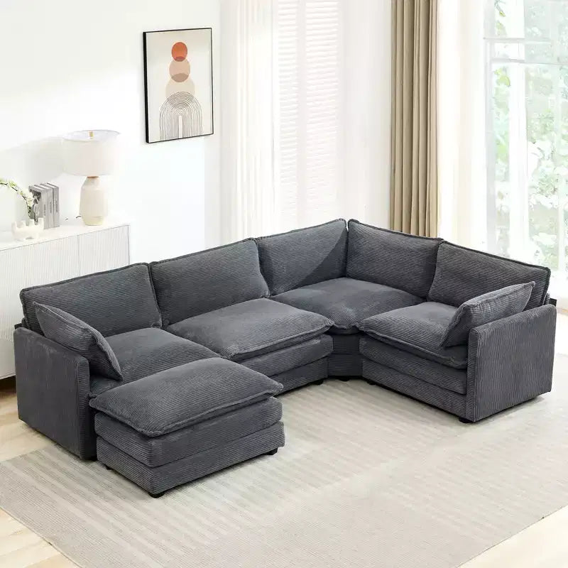 Modern 113.4D*79.13W Oversized Corduroy Modular 5-Seat Sectional Sofa Set with Ottoman U Shaped Sofa Couch with Corner Sofa,HYLEORY