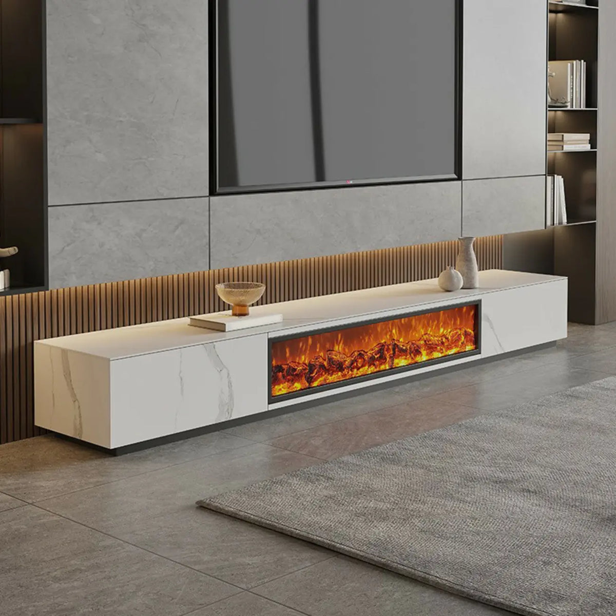 87 Rectangle Black Electric Fireplace Stone TV Stand with Light