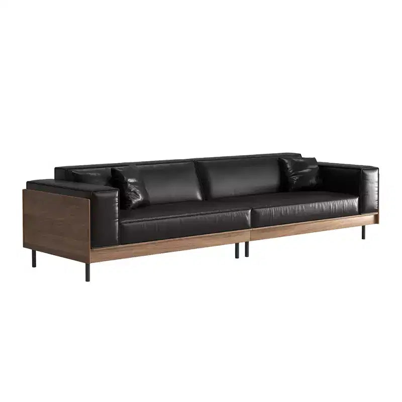 98.42 Contemporary Leather Sofa Couch with Solid Wood Frame, Metal Legs and 3 Accent Pillows