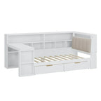 L-shaped Wooden Sofa Daybed with Desk, Bookcase Cabinet, Corner Bed with Under-bed Drawers, Upholstered Headboard Built-in Light
