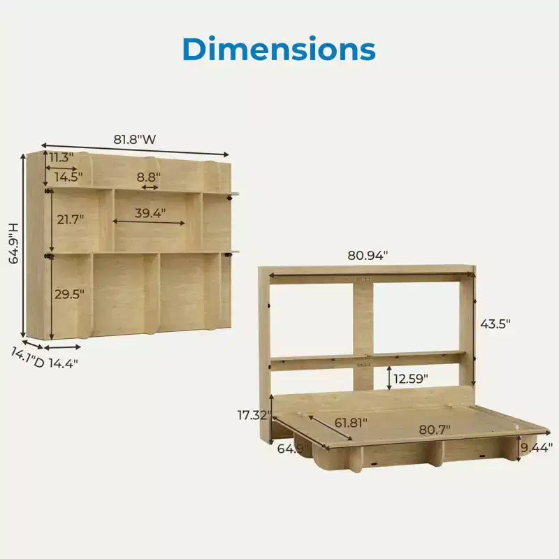 2-in-1 Invisible Murphy Bed with Shelf Storage, Queen Size, Natural Wood (Mattress Not Included)