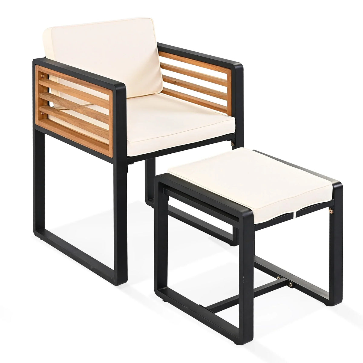 18-Pieces Acacia Wood Patio Dining Set, 8 Cushioned Chairs & 8 Ottomans & 2 Square Table