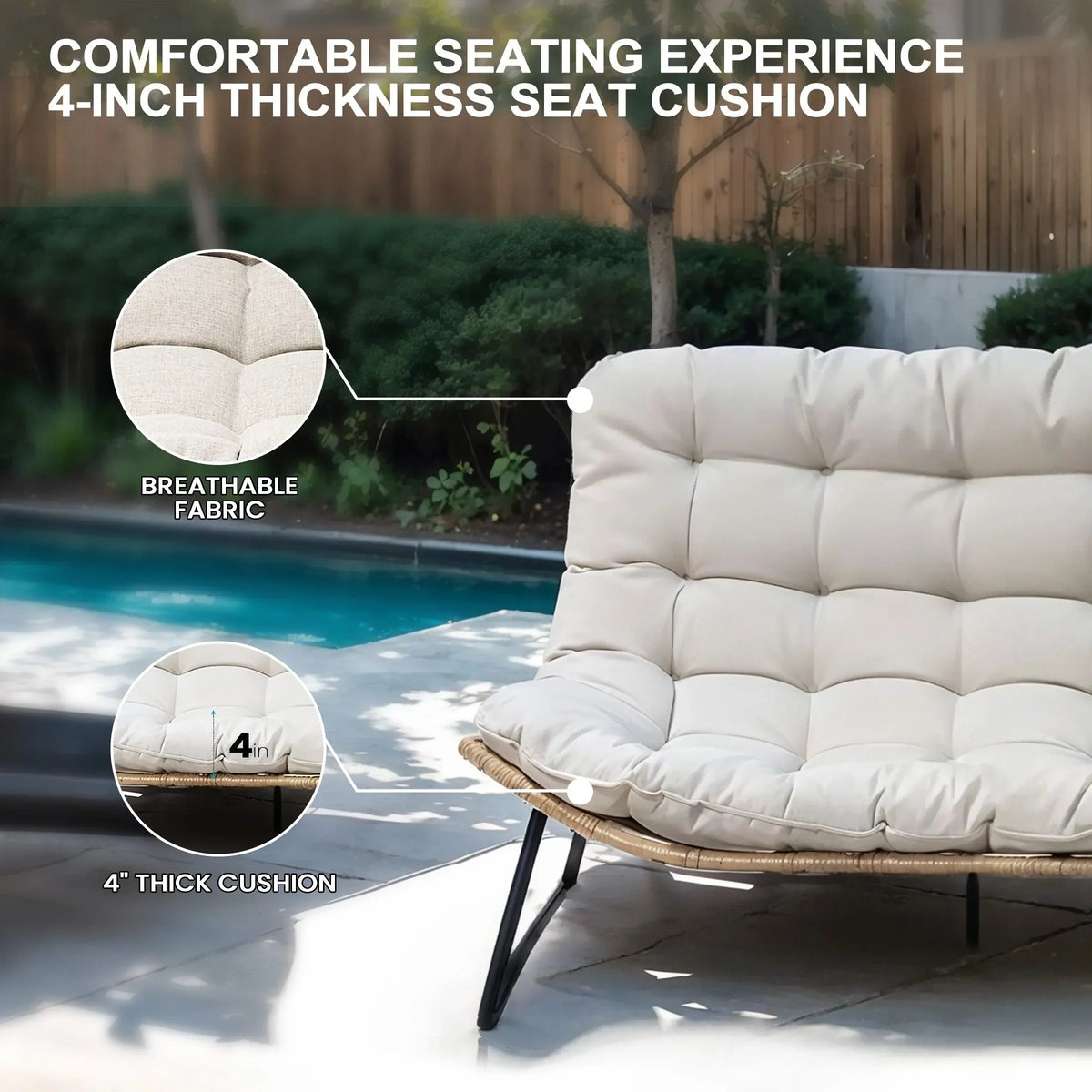 Double Papasan Chair Loveseat with Cushion, All-weather PE Rattan and Metal Frame for Indoor Outdoor