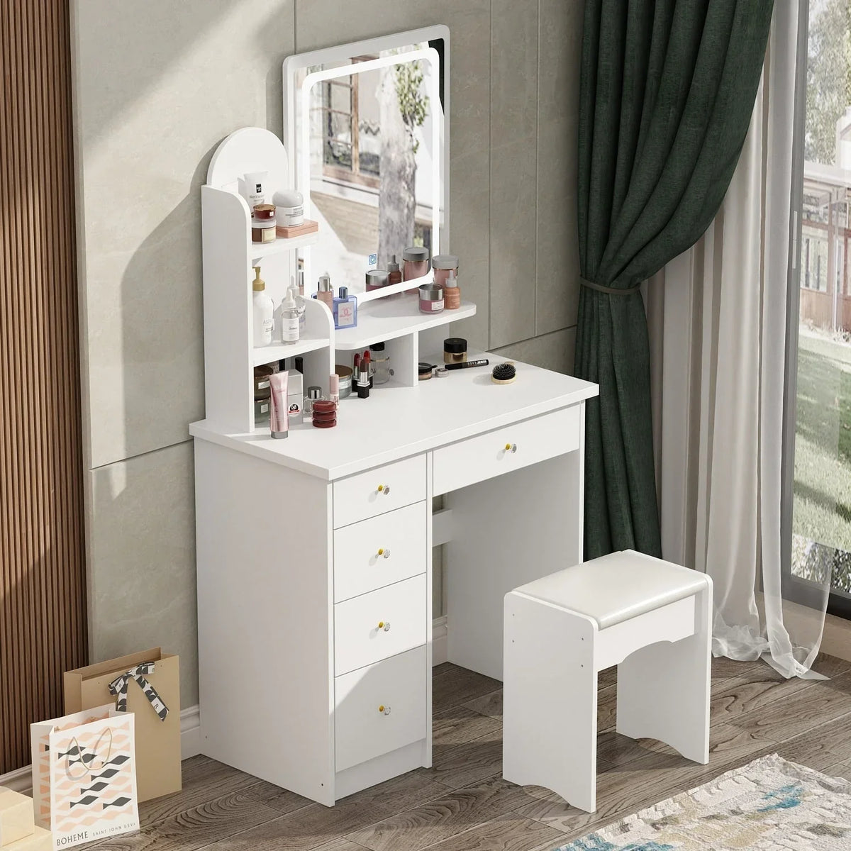 Makeup Vanity Set Table With LED Light &Mirror & Stool