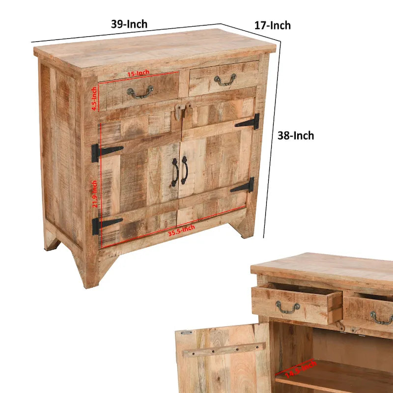39 Inch Artisanal Farmhouse Style 2 Drawer Mango Wood Cabinet Console with 2 Door Storage Rustic Brown
