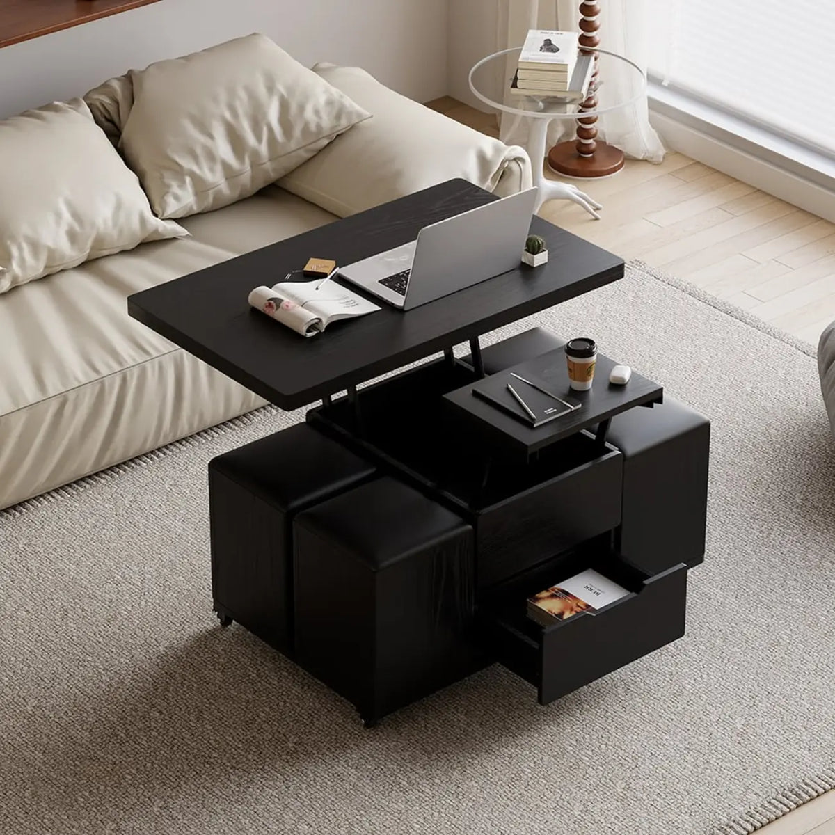 Foldable Lift-Top Coffee Table with 4 Stools & Storage