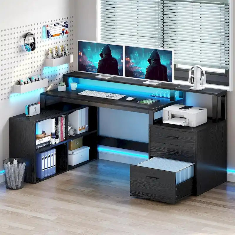 65 L-Shaped Corner Desk with RGB LED, Monitor Stand & Storage Cabinet â€?1-Person | White / Oak / Charcoal Grey / Black